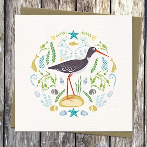 Oystercatcher Card | Coastal Bird Greeting Card | Scandinavian Folk Art illustration | Summer, Seaside, coastal illustration | Blank Card