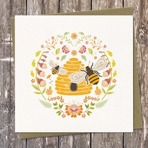 Carte de voeux de bourdon | Abeilles et fleurs sauvages | Ruche | Abeille à miel | Illustration de style art folklorique scandinave | Amoureux de la nature | Carte vierge