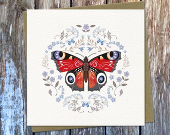 Butterfly Greetings Card  | Peacock Butterfly | Folk Art style illustrated greeting card | Wildlife Illustration | Blank Card | 100% ECO