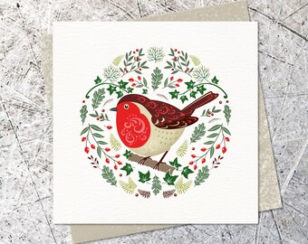 Robin Christmas Card - a traditional Robin Xmas design illustrated in a contemporary Norwegian Folk Art style