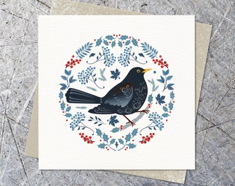 Blackbird Greeting Card: Scandinavian Folk Art Winter Bird