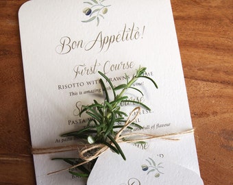 Sample Wedding Menu & Place Name Tag - Olive Design - Sample Only