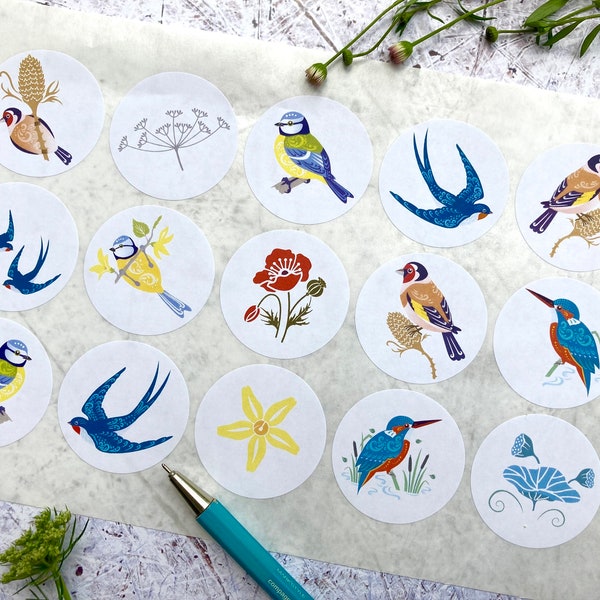 Birds Sticker Sheet | 15 Decorative Round Stickers  | Scandi Bird Stickers | Envelope & Gift Wrapping Stickers