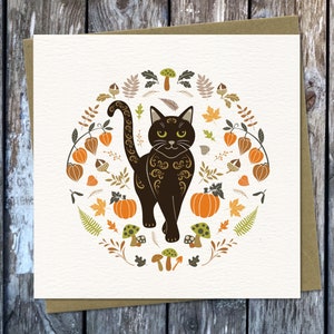 Carte de voeux de chat noir d'Halloween | Carte vierge de chat d'automne | Carte d'Halloween | Illustration de chat | Amoureux des chats | Chat mystique | Anniversaire d'automne