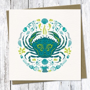 de voeux de crabe | Crabe vert côtier | pour les amoureux de l'océan | Style art populaire | Carte côtière et balnéaire | Anniversaire à la plage