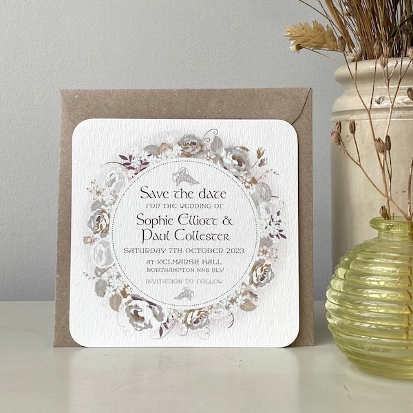 Save the Date Cards - Lord of the Rings Wedding - Neutral Color Scheme - Leaf of Lorien - Elivish Script