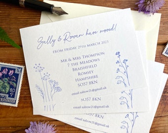 Change of Address Cards Personalised |  Pack of 24 or 48 | We've Moved Cards | New House | Meadow moving cards | Blue Wild Flowers