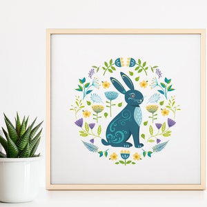 Stampa artistica di coniglio / Illustrazione in stile arte popolare scandinava / Coniglietto primaverile