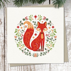 Fox Christmas Card | Scandi Christmas | Festive Winter Fox Folk Art style illustrated greeting card | Blank Inside | Handmade in the UK