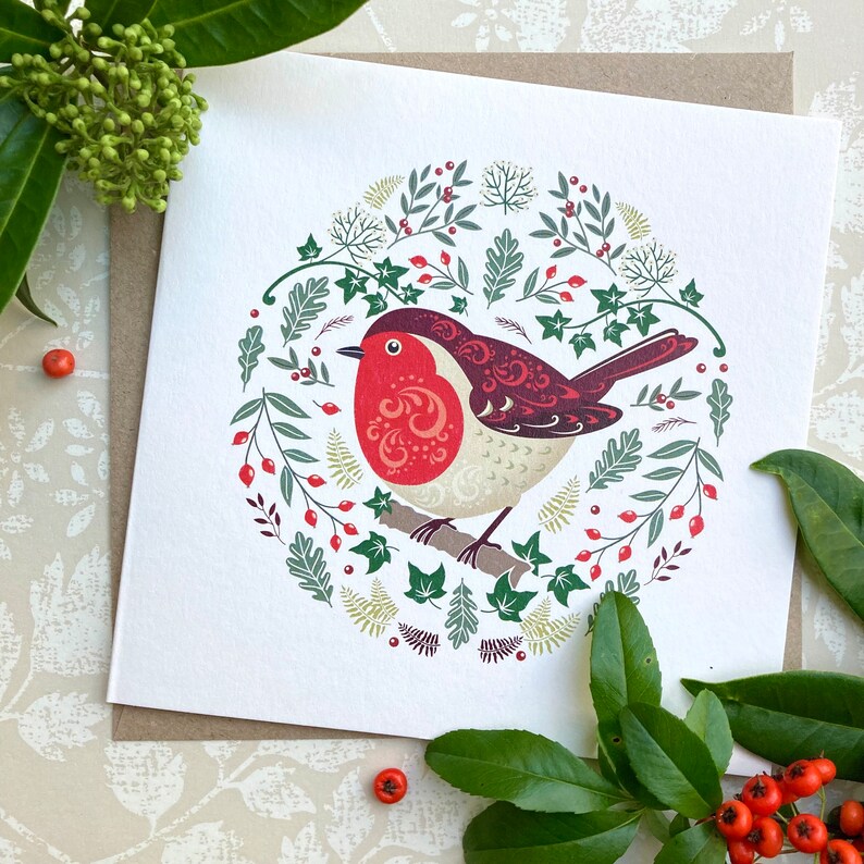 Robin Christmas Card - a Traditional Robin Xmas Design Illustrated in a ...
