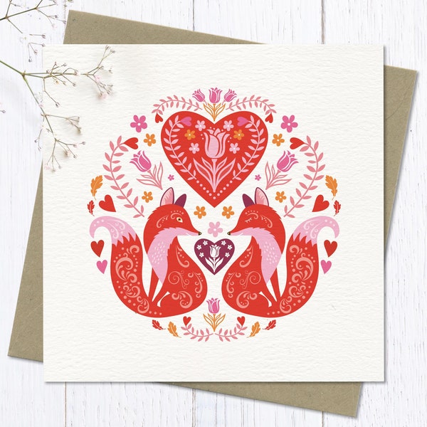 Foxes Card | Cute Love Foxes Anniversary | Engagement | Wedding | I love you' Card | Valentines | Scandi folk art | Blank inside | Free Tag