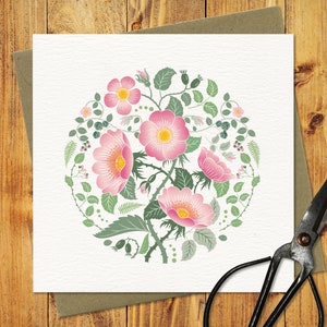 Tarjeta de felicitación de rosa / Rosa silvestre botánica / Bonita tarjeta de cumpleaños floral / Flores silvestres / Rosas rosadas / Tarjeta de cumpleaños para ella
