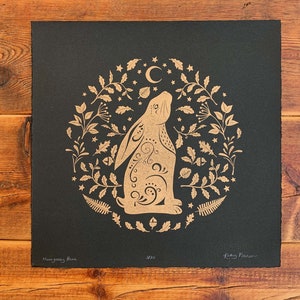 Moon Gazing Hare Original Linocut Print - Gold on Black - Limited ...