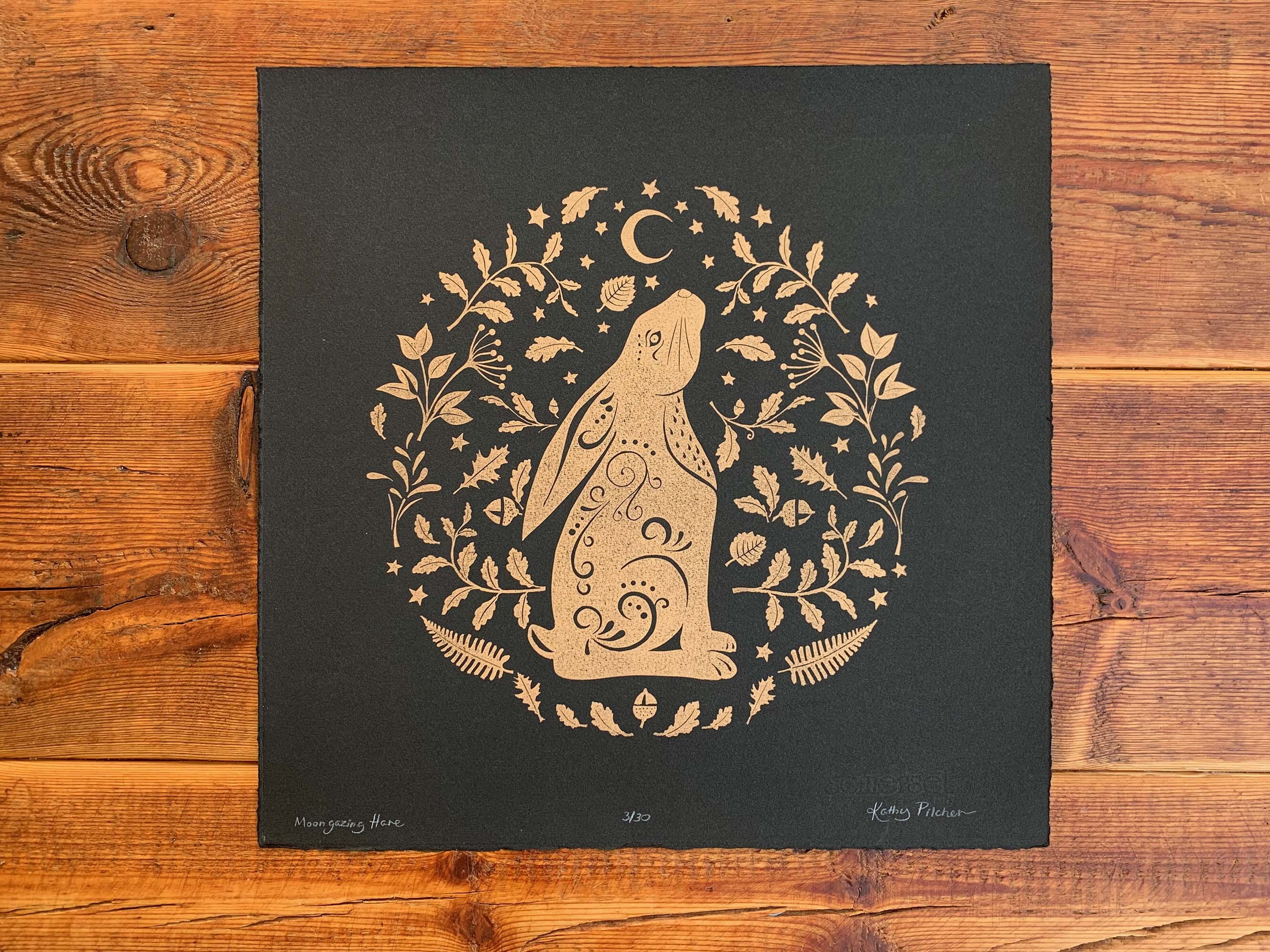 Moon Gazing Hare Original Linocut Print - Gold on Black - Limited ...