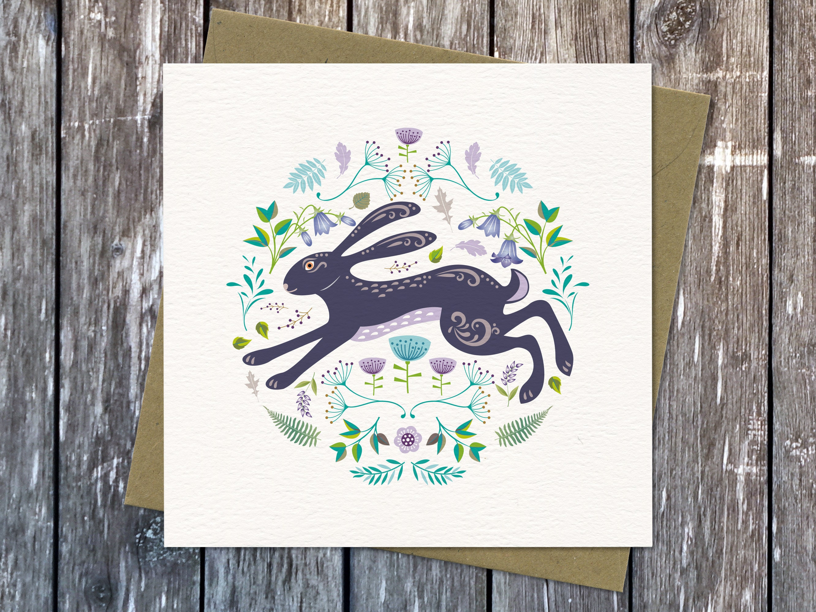 Running Hare Greetings Card: Scandi Folk Art Birthday Card