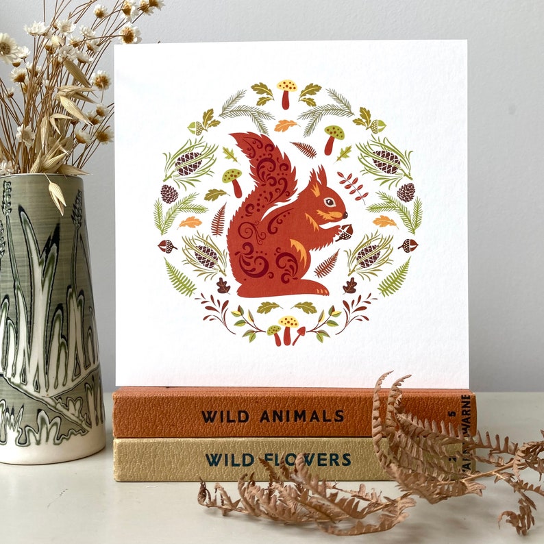 Squirrel Greeting Card Cute Red Squirrel Art British Wildlife illustration Autumn Blank Card Scandinavian Folk Art Wildlife image 5