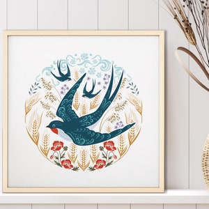 Swallow Art Print | Scandinavian folk art style illustration | Swallows Art | Bird Wall Art | Home decor | Nature lover | Bird Print