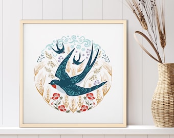 Swallow Art Print | Scandinavian folk art style illustration | Swallows Art | Bird Wall Art | Home decor | Nature lover | Bird Print