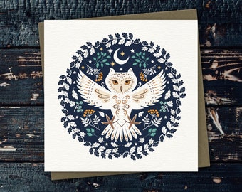 Night Owl Card | Mystical Folk Art Blank Card | Scandi style | Autumn | Magical Folklore | Wildlife | Halloween  | British Birds | 100% ECO