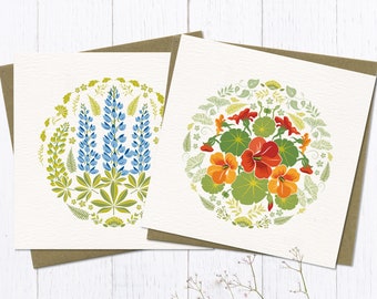 2 Floral Greetings Cards with matching Gift Tags | Lupin & Nasturtium | Floral Folk Art | Botanical Art Illustrations | Garden Flowers
