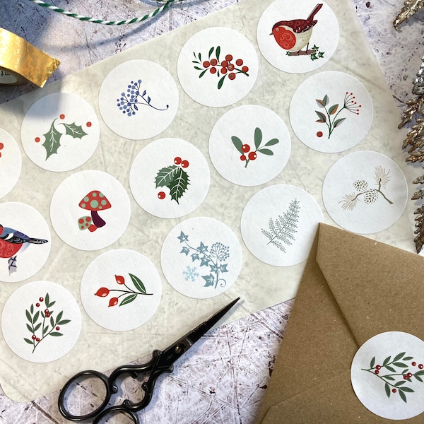 15 Decorative Christmas Stickers  |  Scandi Winter Foliage & Birds | Christmas Gift wrapping Sticker Sheet | Envelope Stickers / Seals |