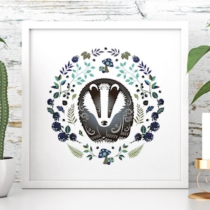 Stampa artistica di tasso / Illustrazione di fauna selvatica in stile arte popolare scandinava / Stampa artistica di tasso