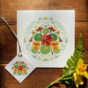 Nasturtium greeting card, photographed on a wooden table shown with matching gift tag and a stem of daffodils.