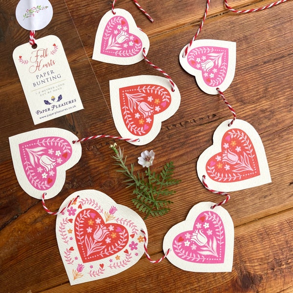 Folk Heart Bunting | Decorative Heart Garland | Paper Bunting | Pretty Hearts Bunting | Decoration for mantel shelf or dresser | Handmade