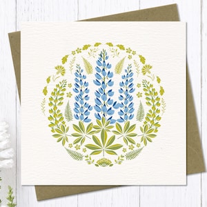 Lupinen Blumen Karte | Blaue Lupinen Botanische Kunst Illustration | Blumen Blanko Grußkarte |  | Garten-Liebhaber-Karte | Volkskunst | Gartenblume