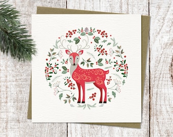 Scandinavian Reindeer Christmas Card - Scandi style illustrated winter deer greeting card