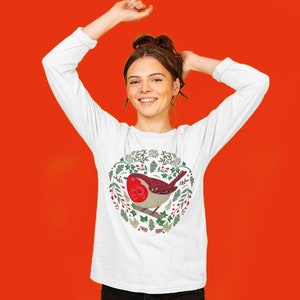 T-shirt Robin a maniche lunghe da donna / T-shirt Robin natalizia / Abbigliamento festivo