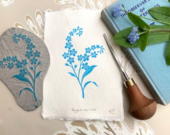 Forget Me Not original Linocut Print  | Hand printed Flower Art | Floral Art Wall Decor |  Botanical Forget me not Lino Print |  Gardening
