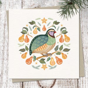 Carte de Noël Une perdrix dans un poirier - Voeux d'art folklorique scandinave / 12 jours de Noël