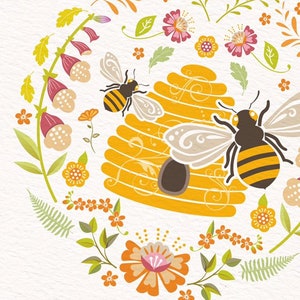 A close up of the Bee picture on this high quality art print showing the bold graphic design and the surrounding botanical detail