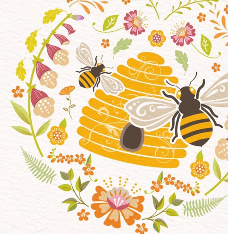 A close up of the Bee picture on this high quality art print showing the bold graphic design and the surrounding botanical detail