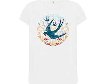 Women's Crew Neck Swallow T-shirt | Swallow Folk Art | Organic Cotton | Eco