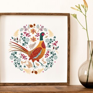 Pheasant Art Print | Scandinavian folk art style illustration | Wildlife Wall Art