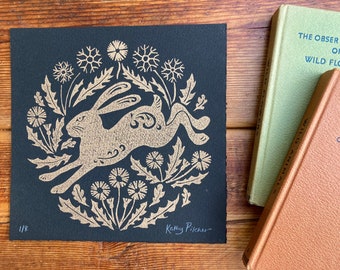 Dandelion Hare Original Linocut Print - Gold on Black - Limited Edition