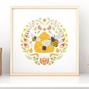 Bee art print in bold, bright contemporary colours on high quality 300gsm art paper size 210mm x 210mm square and sold unframed.