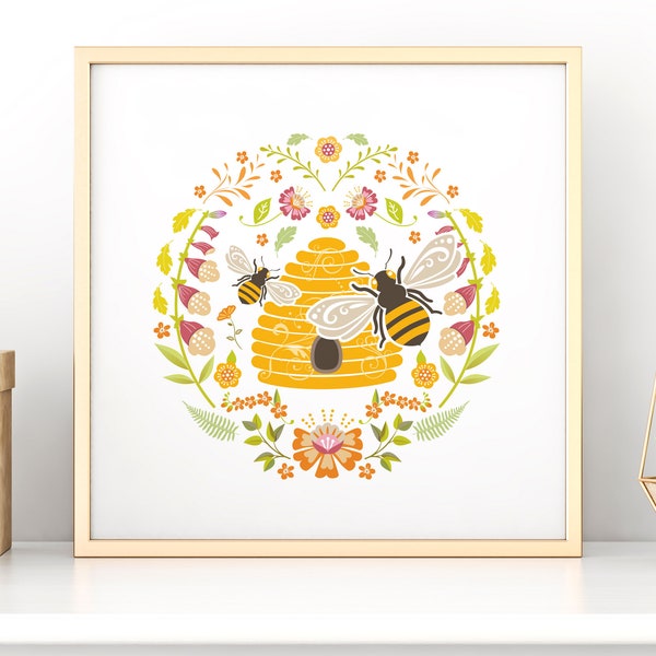 Bumblebee print - cheerful bee art print with a picture of a beehive surrounded by summer botanicals in bright, sunny contemporary colours