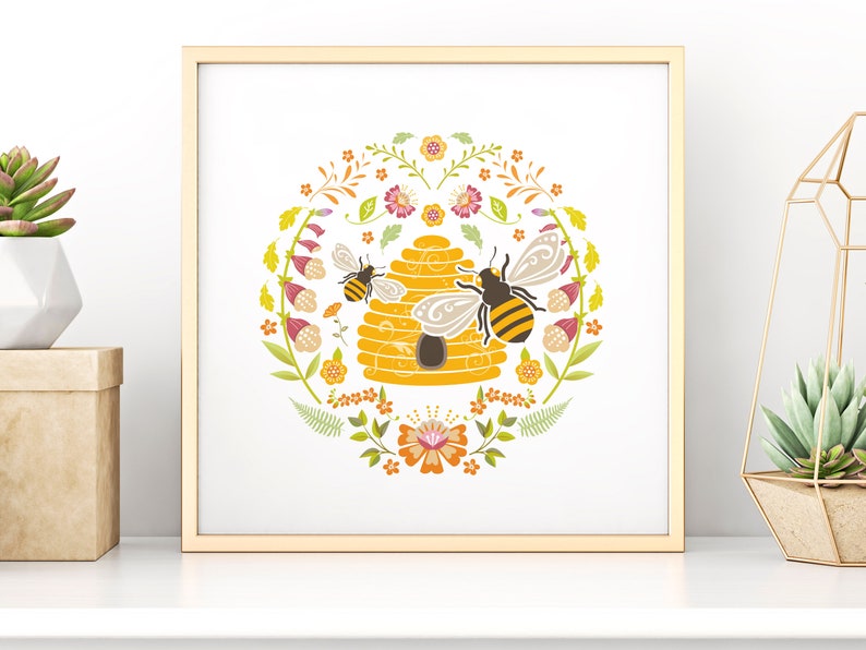 Bee art print in bold, bright contemporary colours on high quality 300gsm art paper size 210mm x 210mm square and sold unframed.