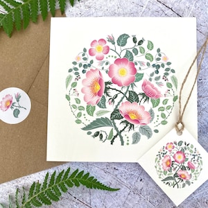 Special 'Mother's Day' version of my Wild Rose illustrated flower card.  This card is printed inside with the words 'With Love on Mother's Day' and comes supplied with a pretty matching Gift Tag and decorative  sticker.