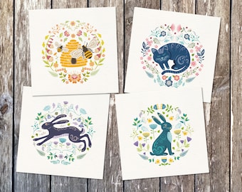 8 Spring cards | Set of little Scandi Folk Art style illustrated cards | Hare, Rabbit, Cat & Bee Easter Card Pack | Blank inside