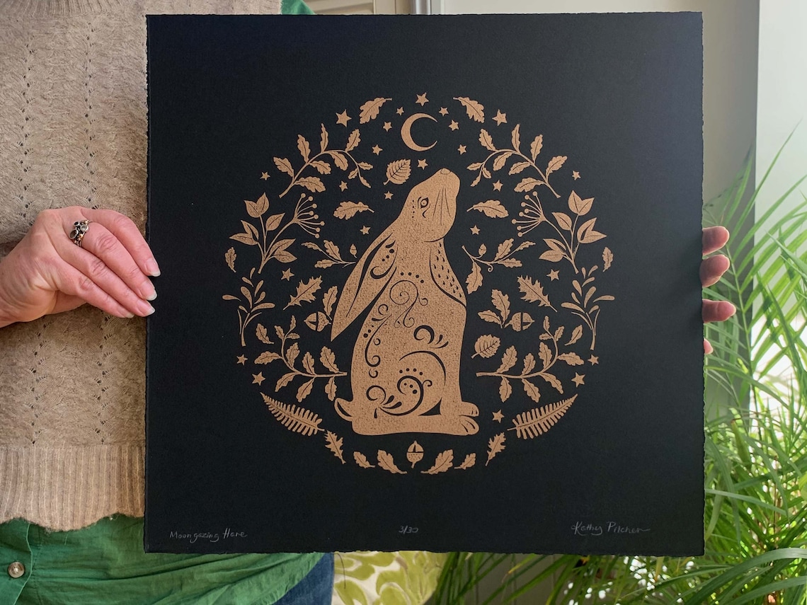 Moon Gazing Hare Original Linocut Print Gold on Black - Etsy