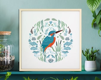 Kingfisher Art Print | Kingfisher Bird Wall Art | Scandinavian folk art style illustration | Wildlife illustration | Home Decor