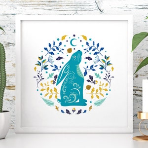 Moon Gazing Hare print - a mystical wall art print of a magical hare looking to the moon and stars, in a contemporary Scandi folk art style