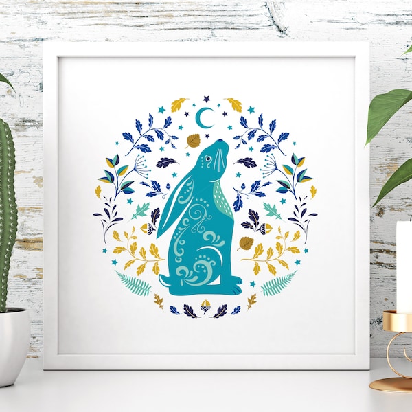 Moon Gazing Hare print - a mystical wall art print of a magical hare looking to the moon and stars, in a contemporary Scandi folk art style