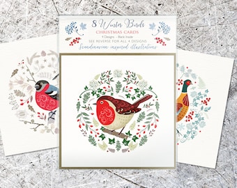 8 Scandinavian Winter Birds Christmas cards - little Folk Art Style illustrated cards - Robin, Bullfinch, Pheasant & Blackbird