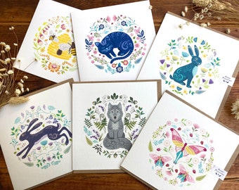 4 Greetings Cards " SAVE"  Mix & Match - Your Choice from 36 designs - Scandi Folk Art Wildlife and botanical blank cards