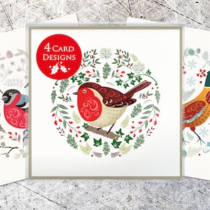 4 Winter Vögel Weihnachtskartenpackung | Volkskunst Weihnachtskarten | Nordische Weihnacht | Skandinavische Wildtiere, Rotkehlchen, Amsel, Gimpel, Fasan